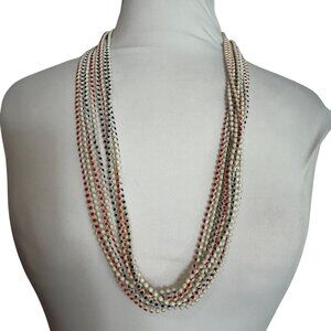Vintage Multi Strand White Bead Necklace Red Blue Polka Dots Long 60s Mod